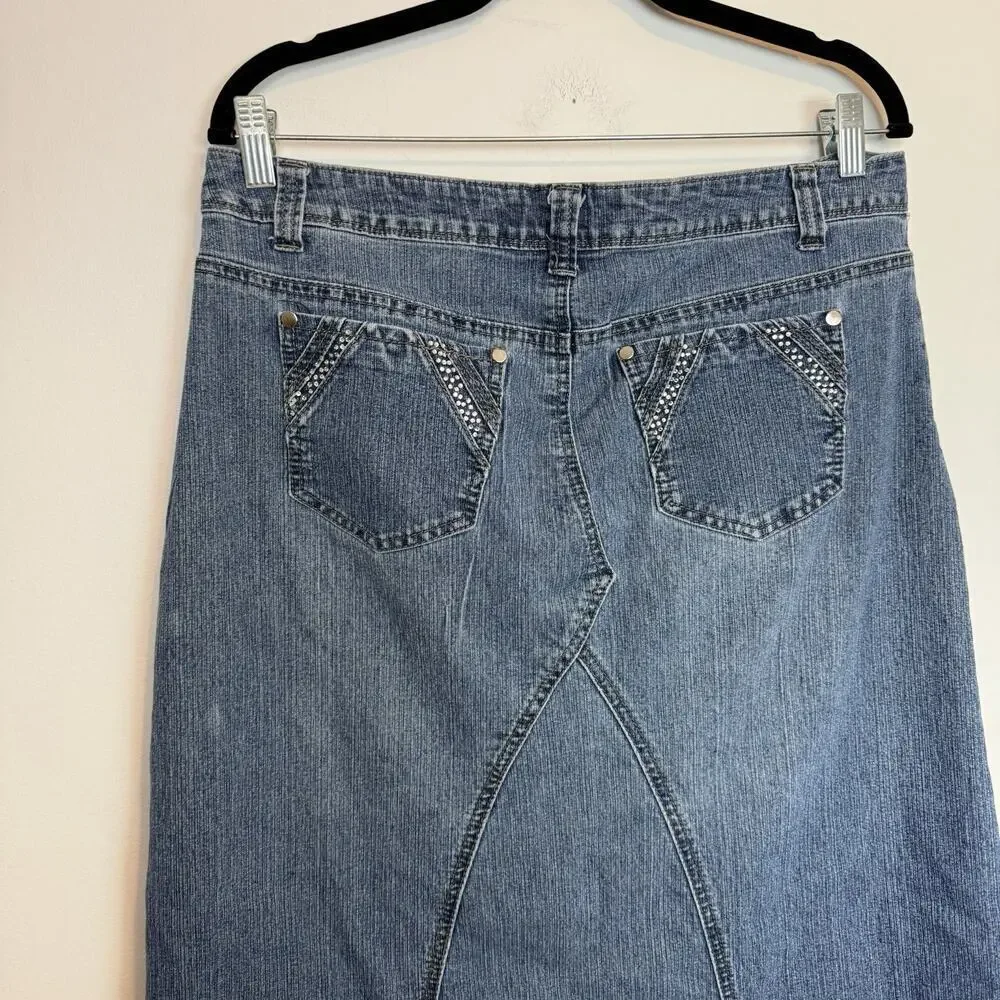 Vintage Cato y2k denim midi skirt studded embellishements sz 12 rocker grunge